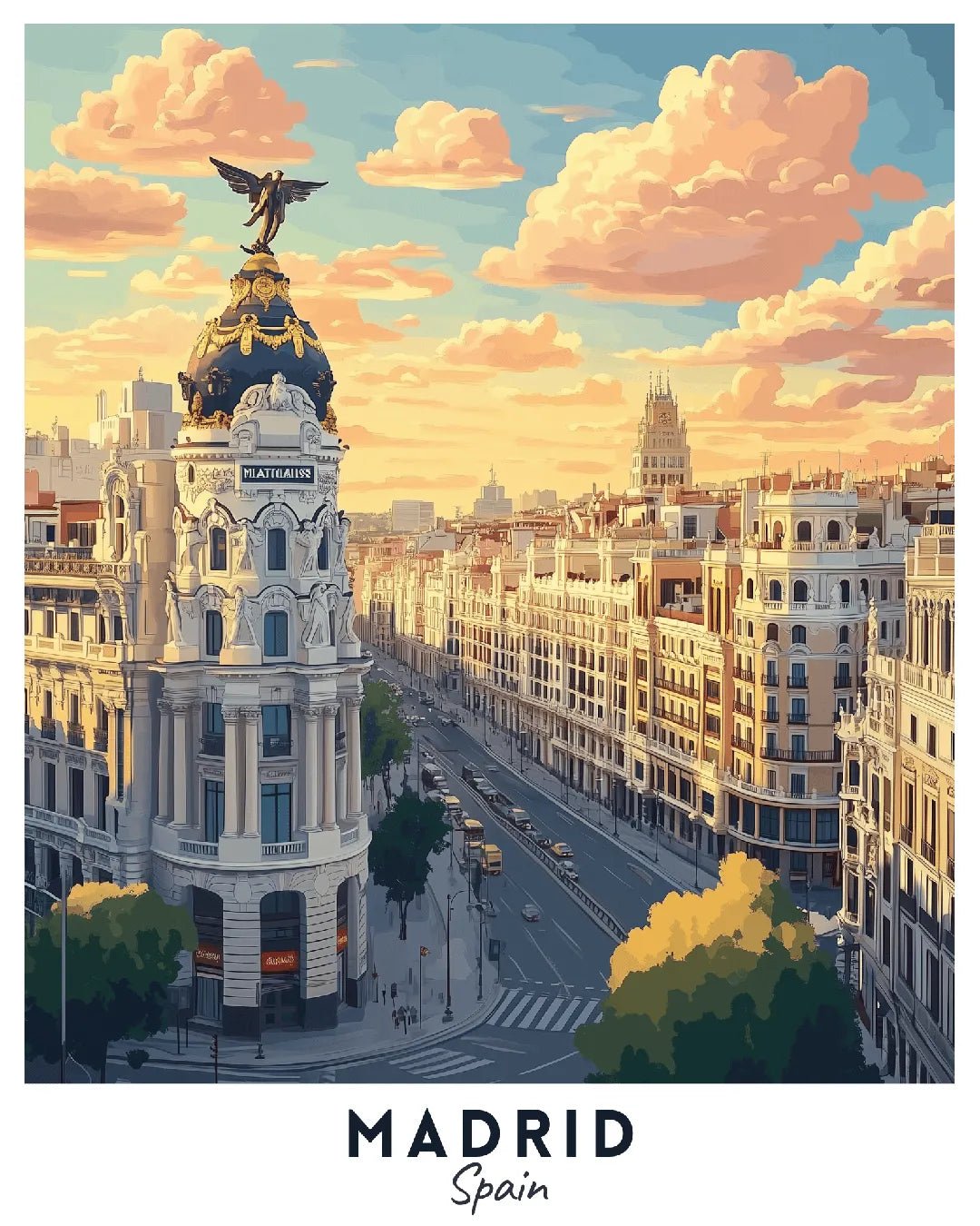 Madrid paint by numbers canvas featuring Gran Vía architecture, historic buildings, city boulevard, and evening light