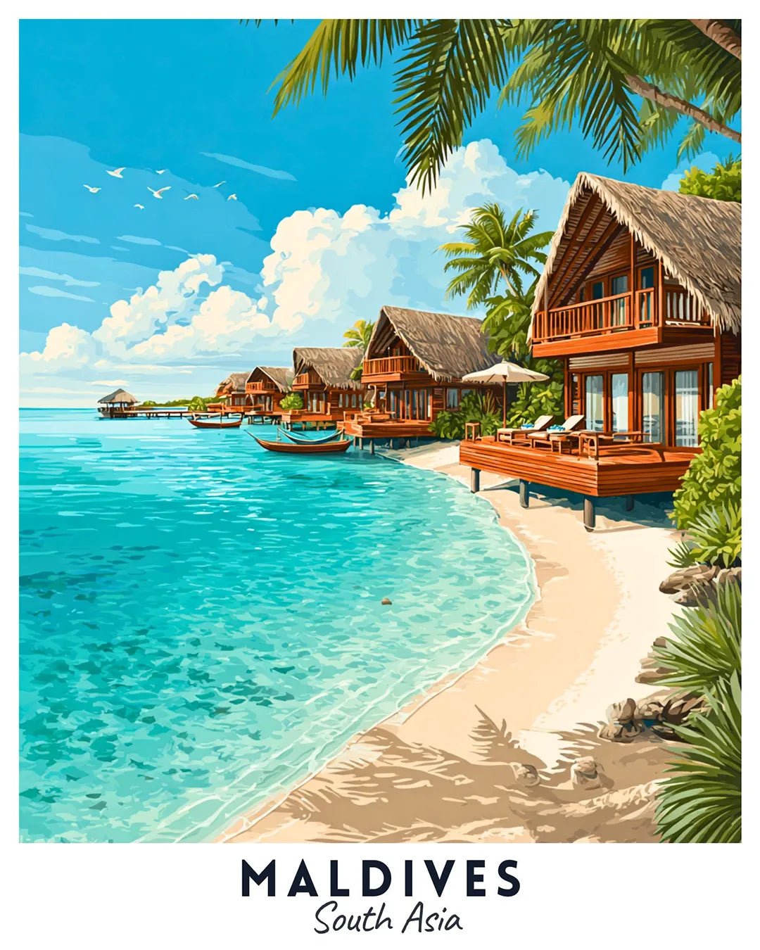 Maldives paint by numbers canvas showing tropical beach, clear blue water, wooden villas, palm trees, and island lagoon