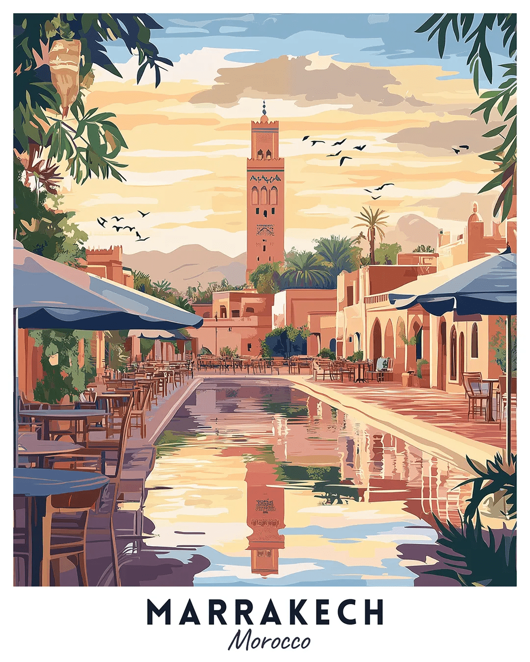 Marrakech Morocco paint by numbers canvas showing riad courtyard, reflective pool, terracotta buildings, palm trees, and historic minaret