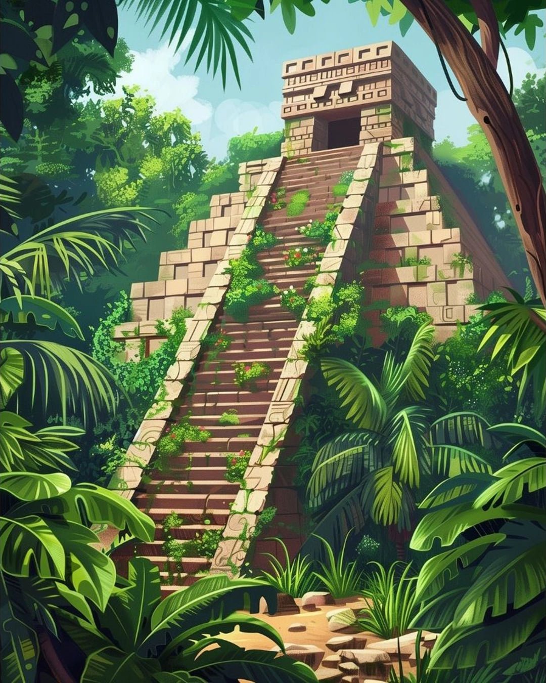 Landscape paint by numbers canvas for adults showing a Mayan temple staircase surrounded by greenery