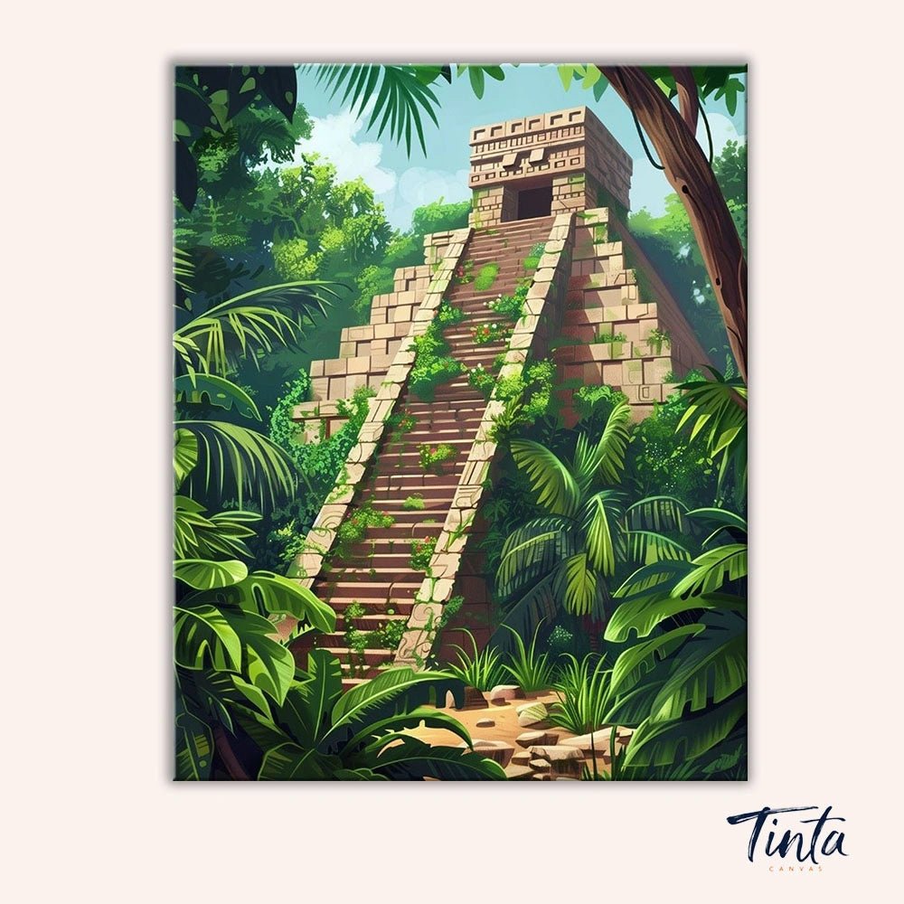Mayan Temple paint by numbers kit artwork featuring a historic stepped pyramid temple in a dense green jungle by Tinta Canvas