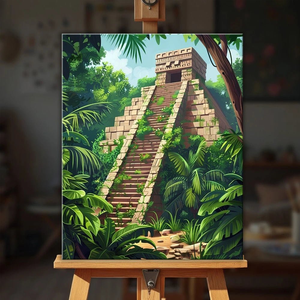 Mayan Temple paint by numbers kit displayed on an easel showing a jungle pyramid temple with tropical foliage by Tinta Canvas