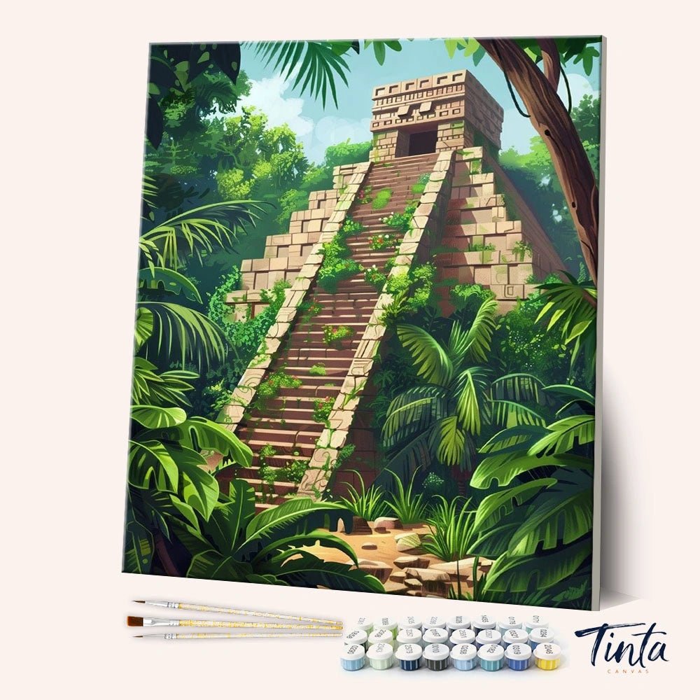 Mayan Temple paint by numbers kit showing an ancient jungle pyramid surrounded by lush tropical plants by Tinta Canvas