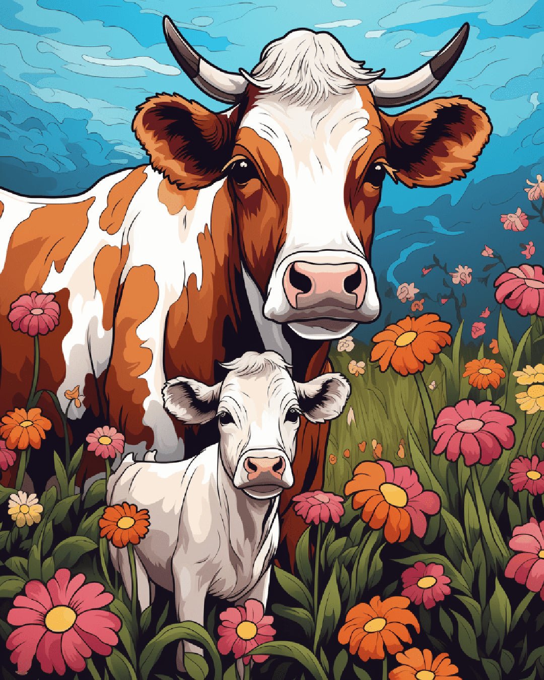 Meadow Bond paint by numbers kit featuring a cow and calf standing together in a colorful wildflower meadow