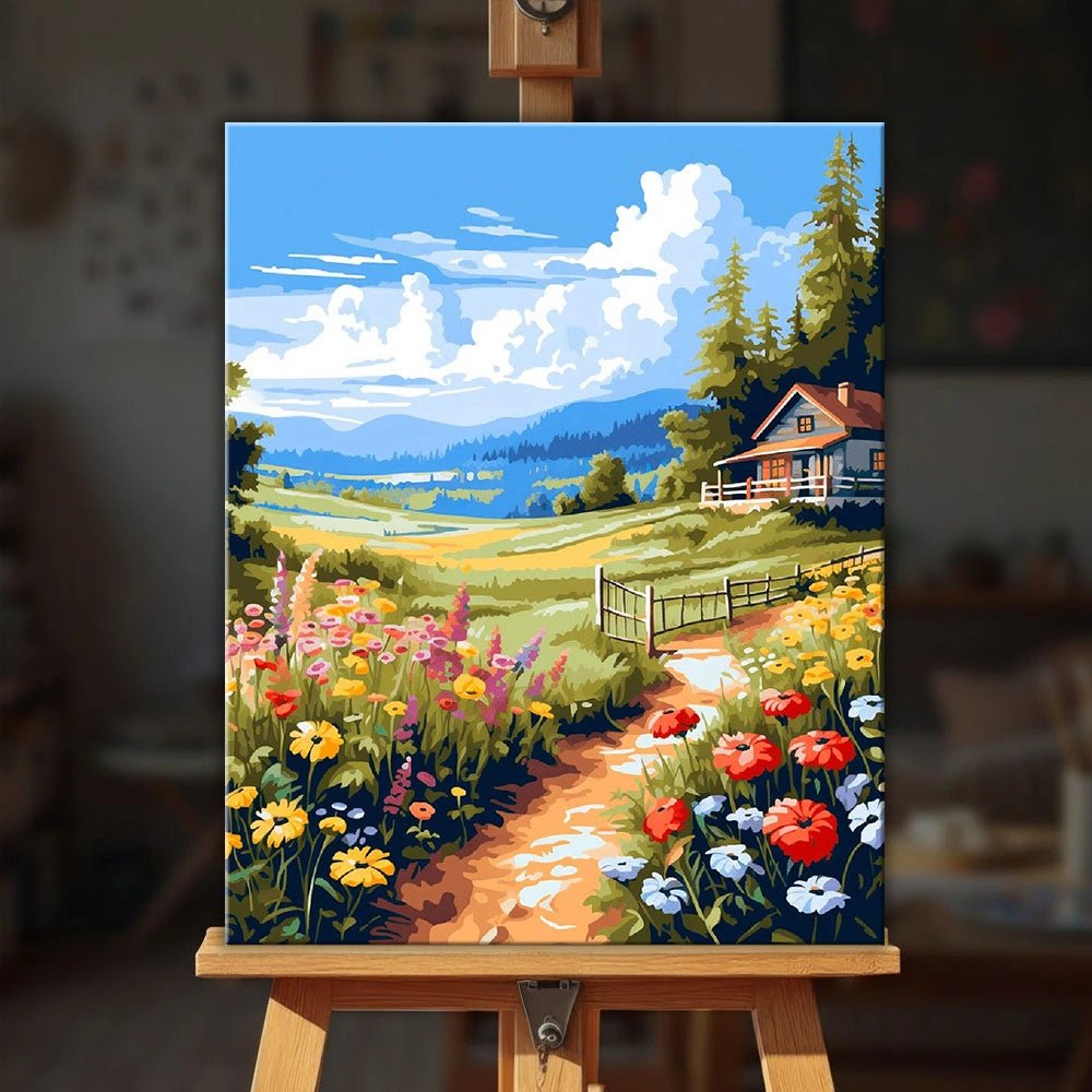 Meadow Cottage paint by numbers kit displayed on an easel showing scenic countryside cottage painting with flowers and mountains by Tinta Canvas