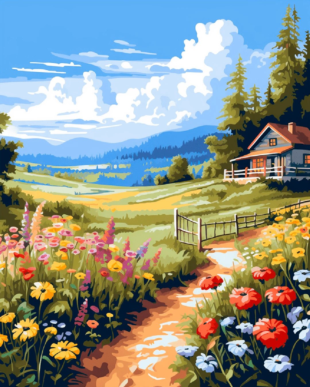 Raw landscape artwork from the Meadow Cottage paint by numbers kit showing a peaceful cottage meadow path and blooming flowers by Tinta Canvas