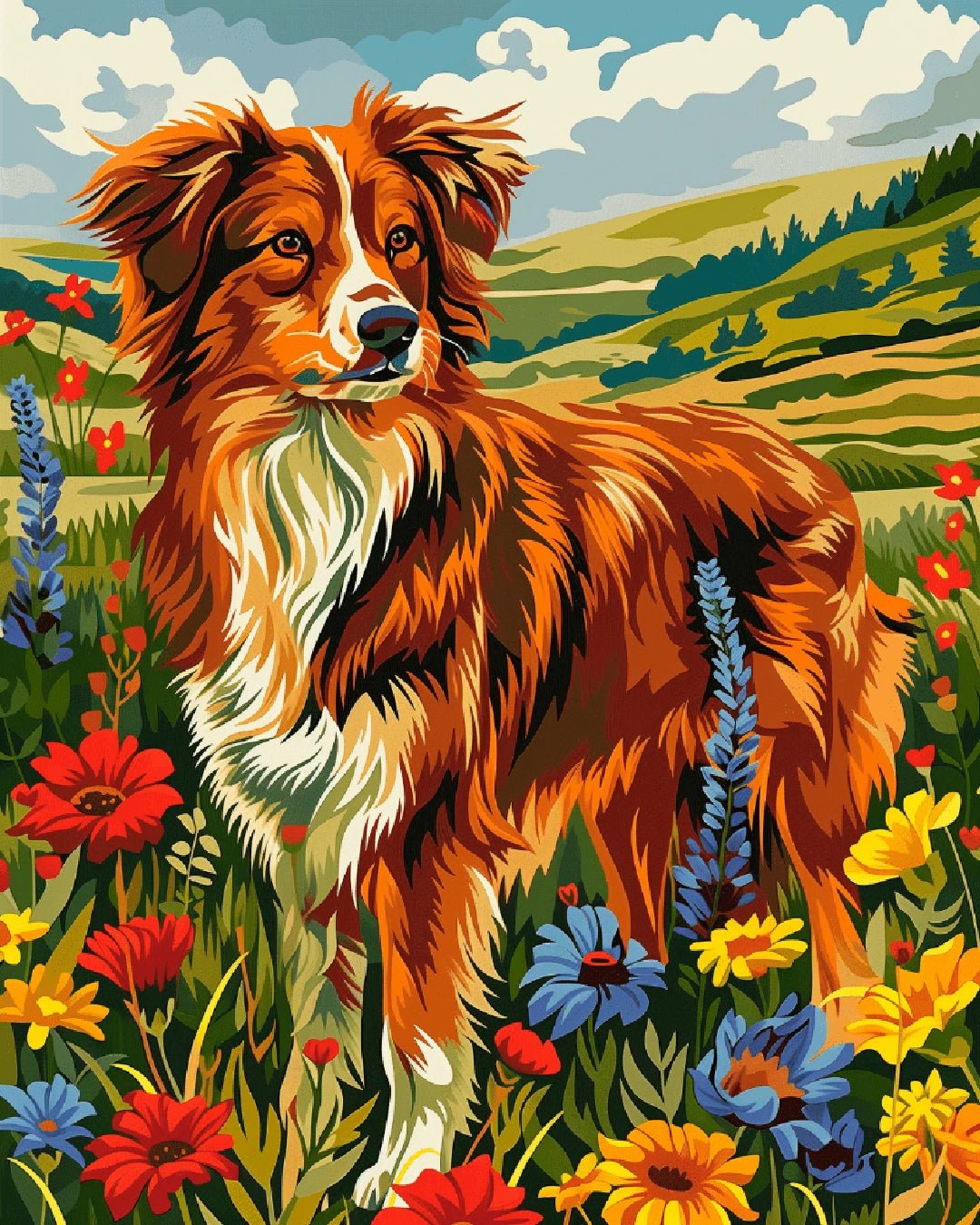 Pet paint by numbers canvas for adults showing a dog surrounded by wildflowers and green hills