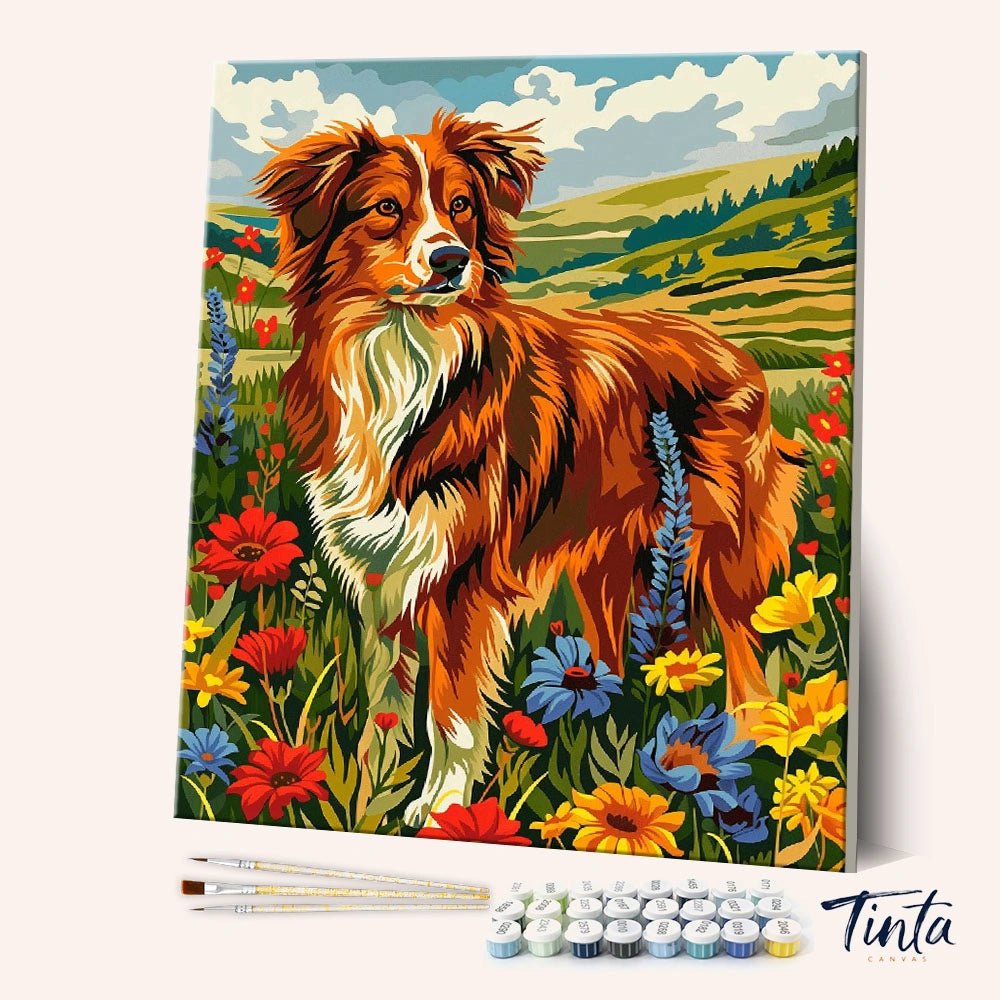 Meadow Dog paint by numbers kit showing colorful dog artwork canvas with brushes and paint pots in an angled display