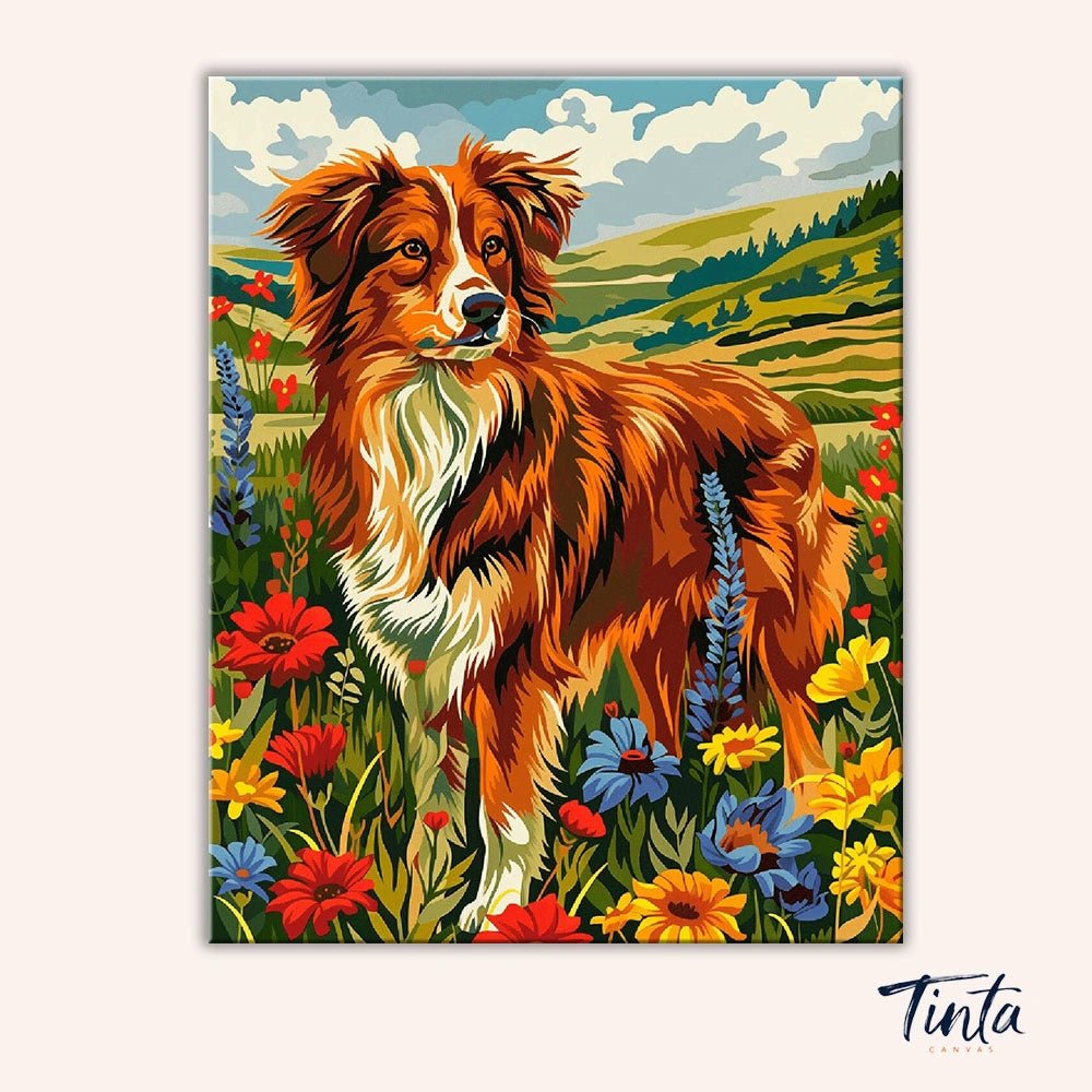 Meadow Dog paint by numbers kit artwork featuring a brown dog standing in a bright meadow with flowers and hills
