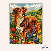 Meadow Dog paint by numbers kit artwork featuring a brown dog standing in a bright meadow with flowers and hills