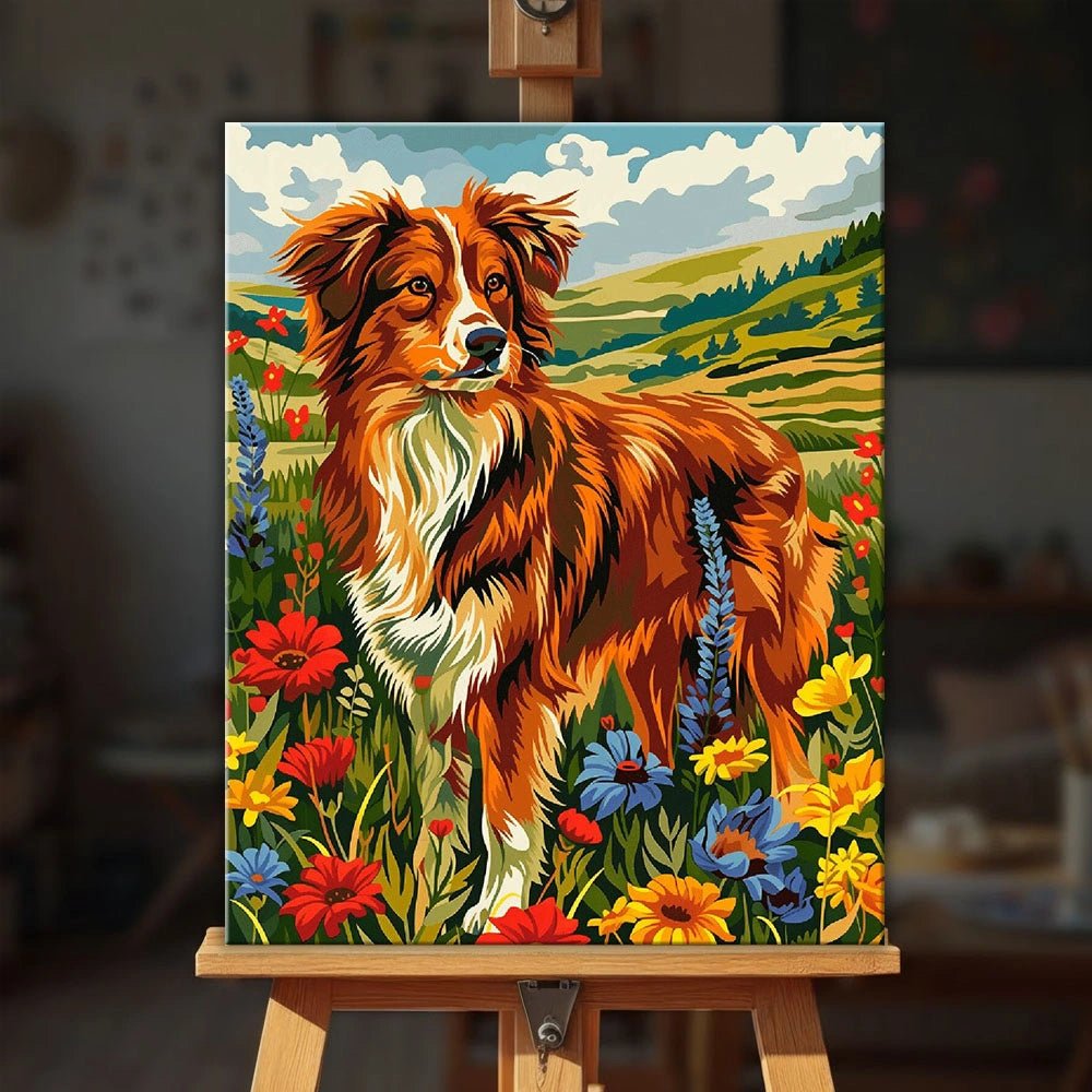 Meadow Dog paint by numbers kit displayed on an easel showing vibrant dog painting surrounded by meadow flowers
