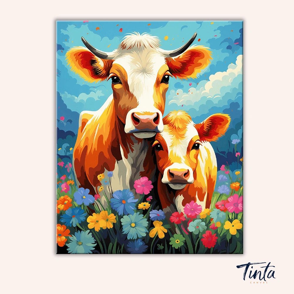 Full artwork of Meadow Duo paint by numbers kit showing a cow and calf among bright meadow blooms by Tinta Canvas
