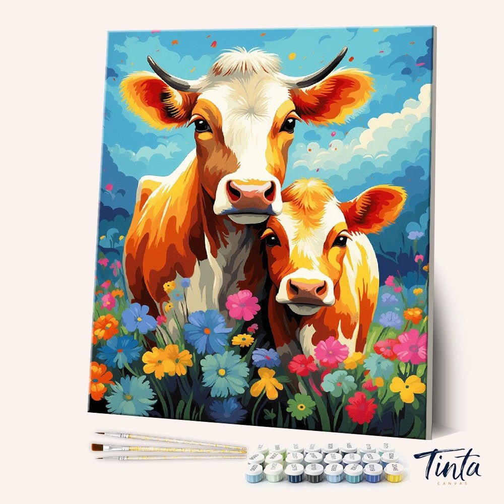 Angled canvas view of Meadow Duo paint by numbers kit featuring two cows in a colorful flower field by Tinta Canvas