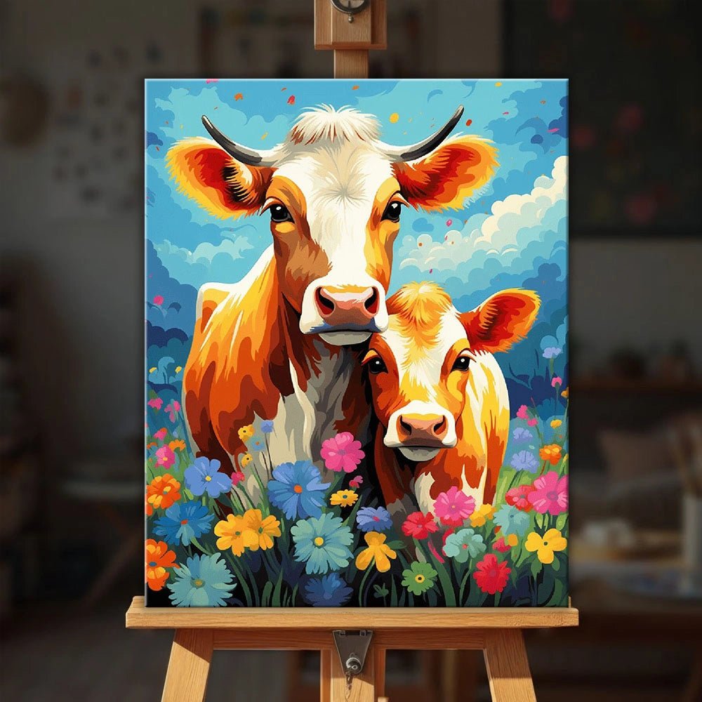 Raw landscape image of Meadow Duo paint by numbers kit with vibrant flowers and blue sky backdrop by Tinta Canvas