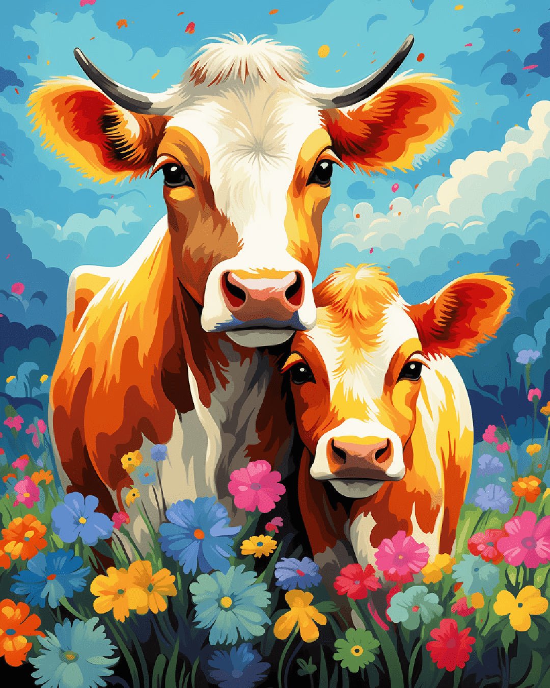 Meadow Duo paint by numbers kit featuring a cow and calf surrounded by vibrant wildflowers