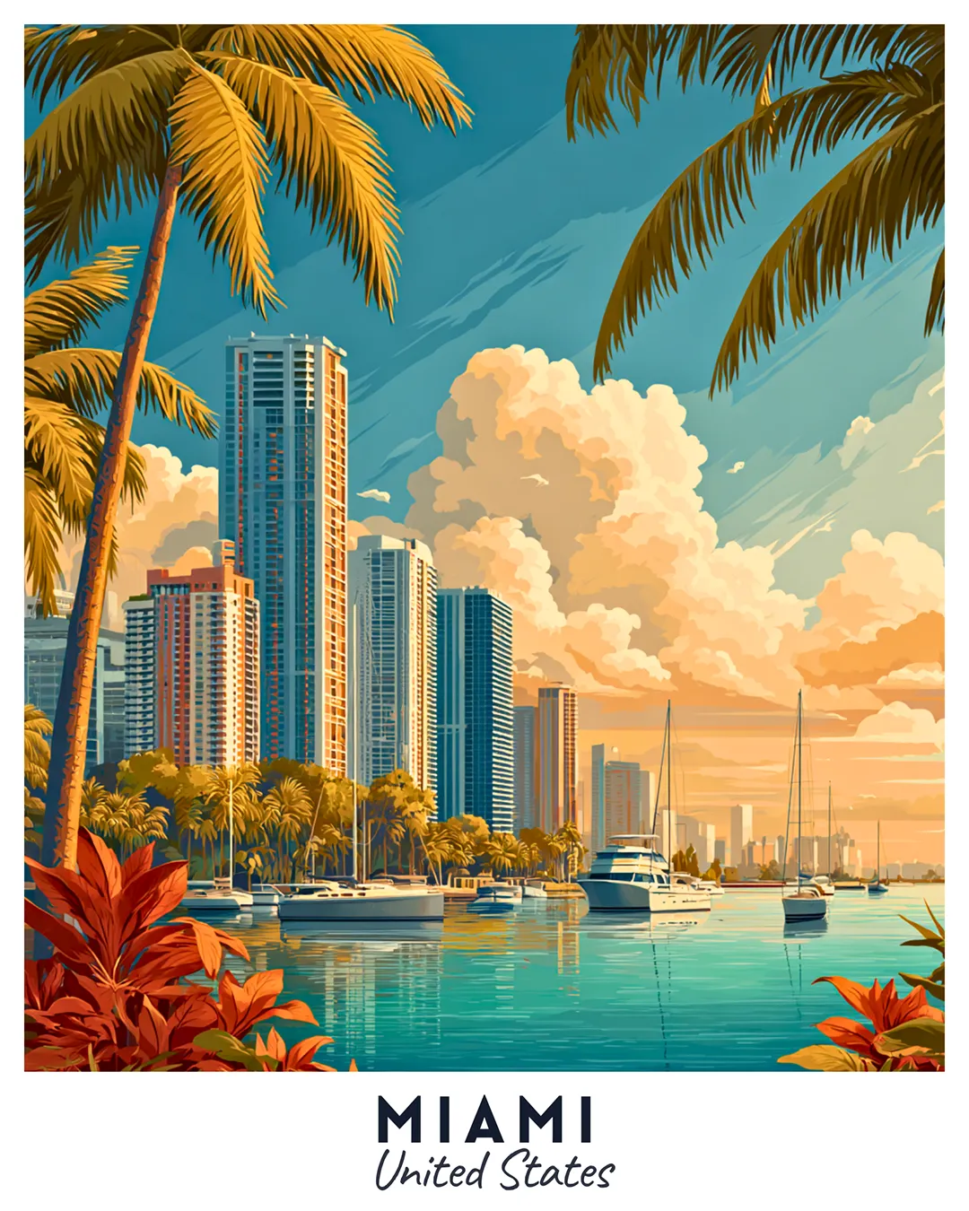 Miami United States paint by numbers canvas featuring palm-lined harbor, boats, calm marina water, and tropical city skyline