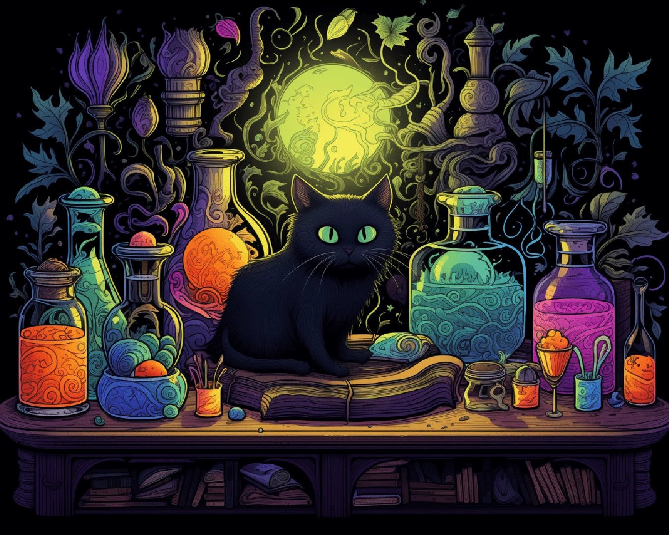 Fantasy cat paint by numbers kit canvas painting featuring a black cat with bright eyes among vibrant glass bottles
