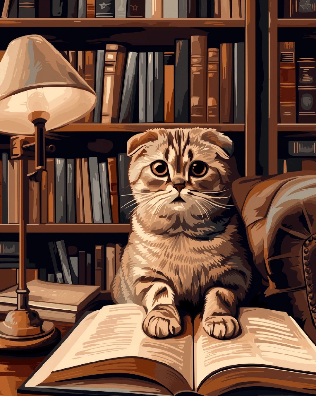 Canvas cat paint by numbers kit for adults showcasing a warm library interior with bookshelves and a calm cat by Tinta Canvas