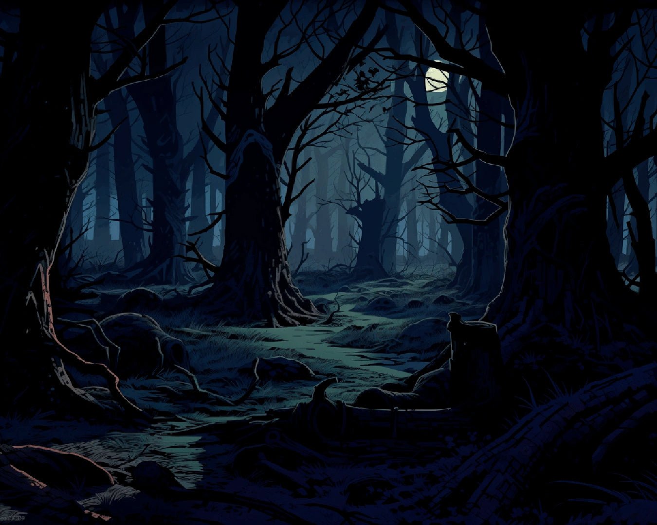 Midnight Forest paint by numbers canvas showing a moonlit forest path with shadowy trees, roots, and soft blue night light