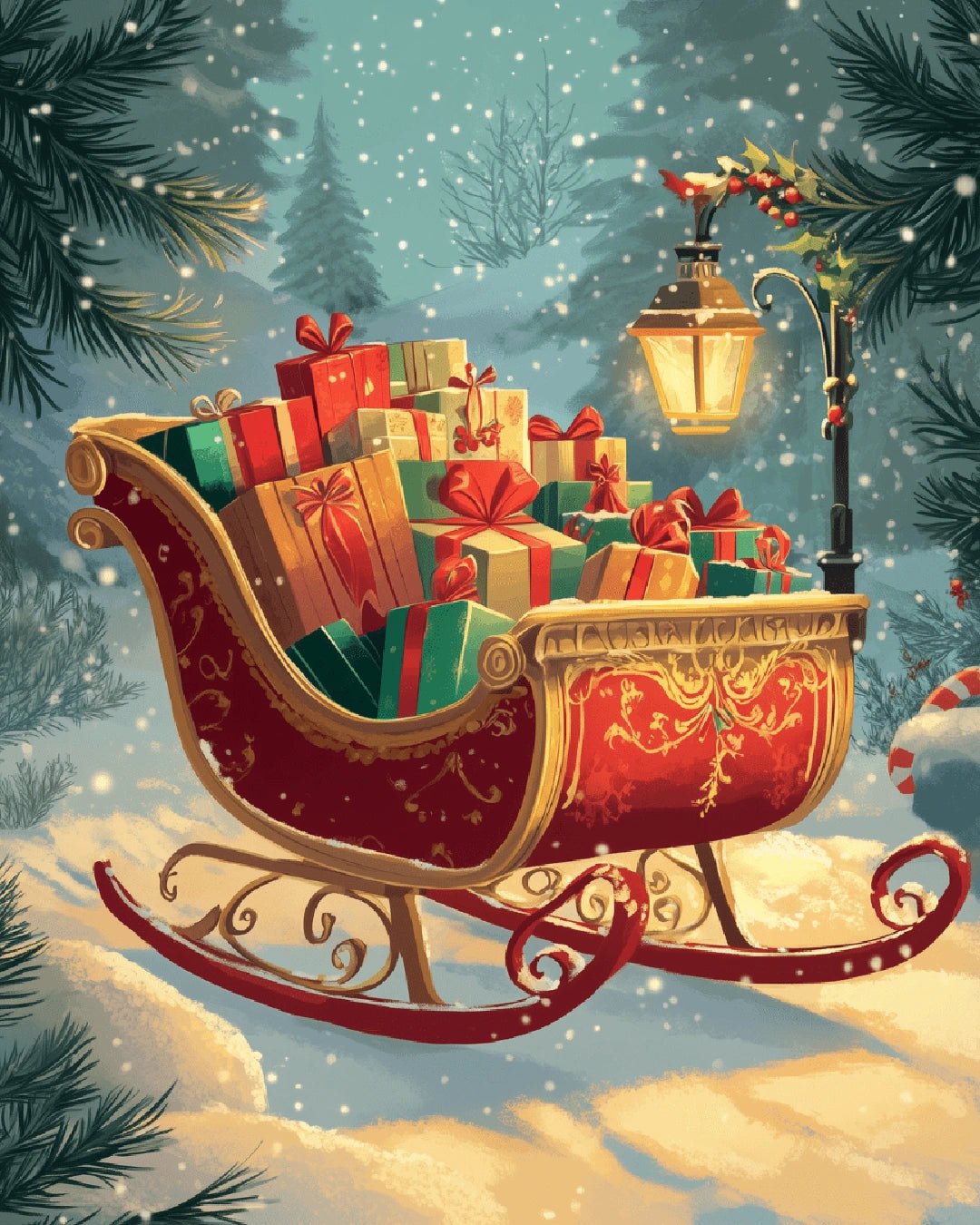 Canvas christmas paint by numbers kit for adults showing a snowy holiday sleigh scene with wrapped gifts and soft lantern light by Tinta Canvas