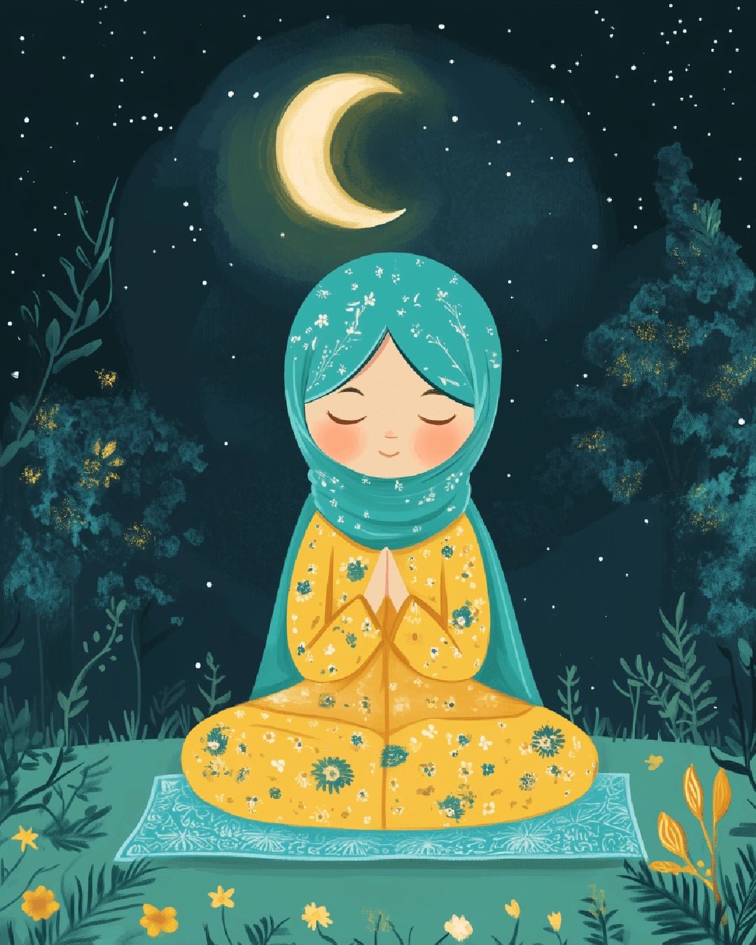 Paint by numbers kit painting for adults showing a calm nighttime painting with prayer, stars, and soft foliage