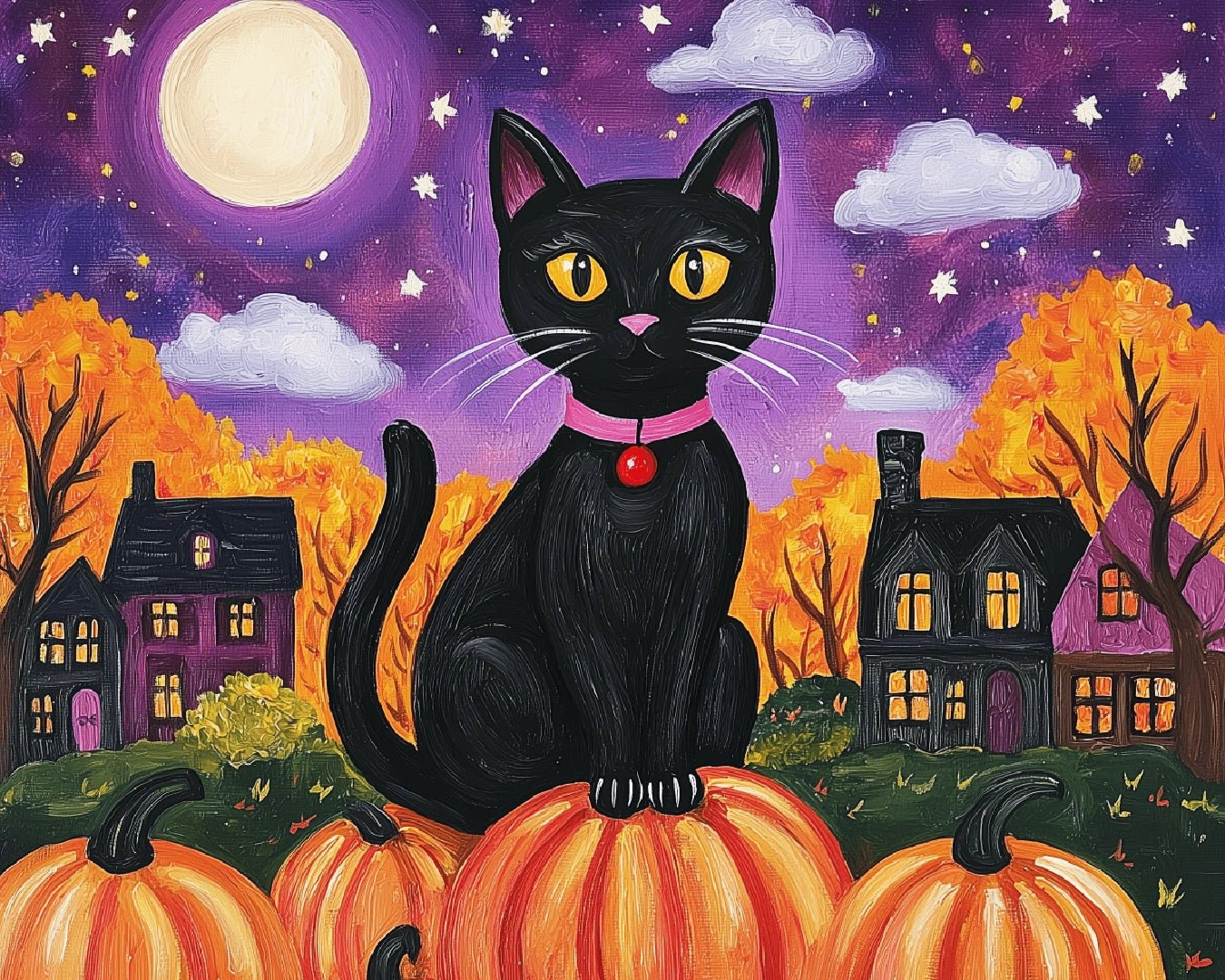 Autumn cat paint by numbers kit canvas painting featuring a black cat on pumpkins under a glowing moon