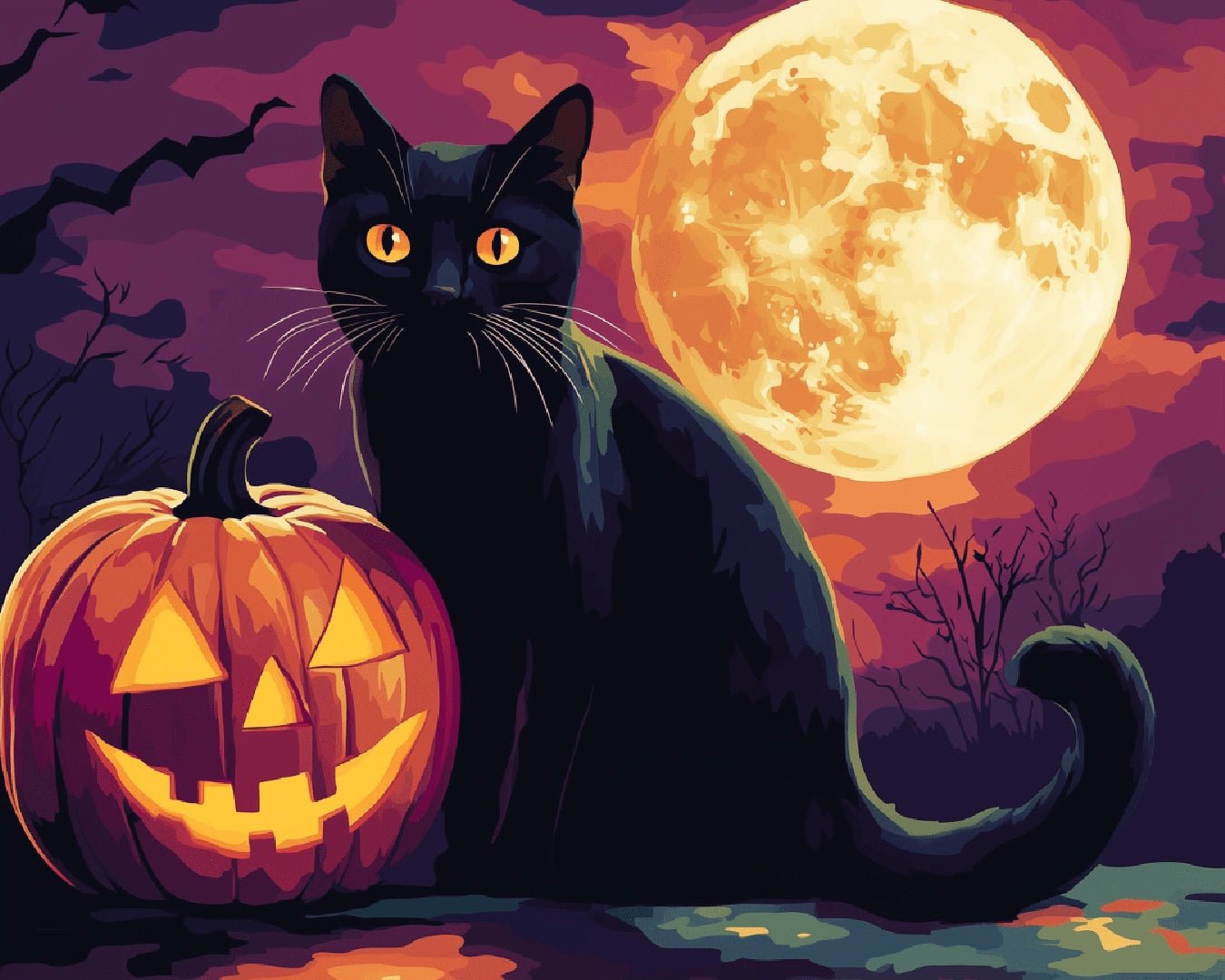 Black cat paint by numbers kit canvas painting with a pumpkin under a full moon at night