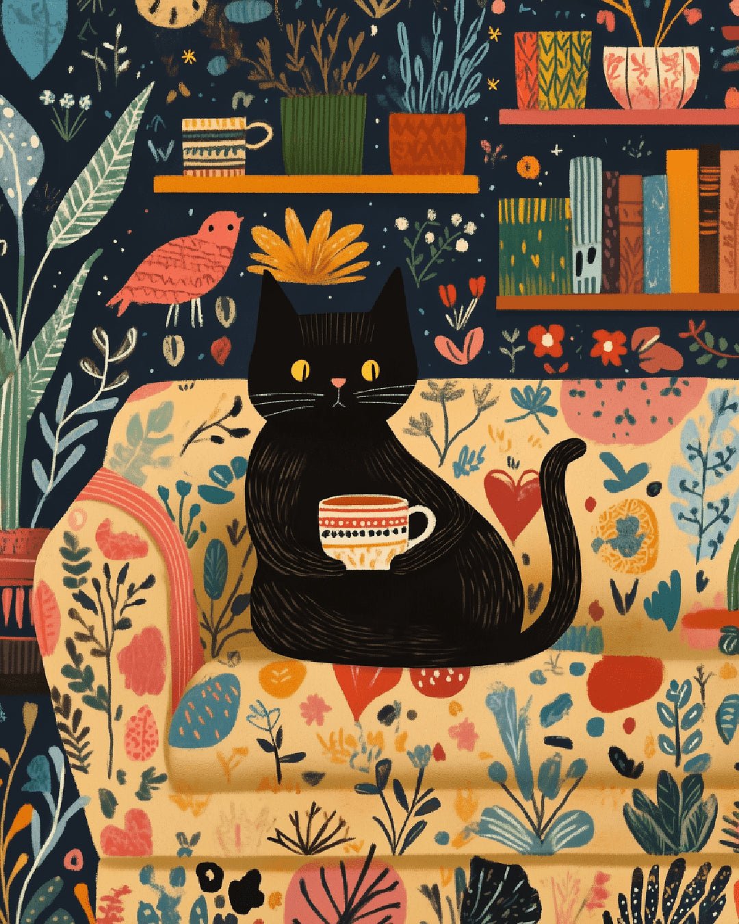 Midnight Tea Nook paint by numbers kit featuring a black cat with a tea cup in a cozy illustrated room