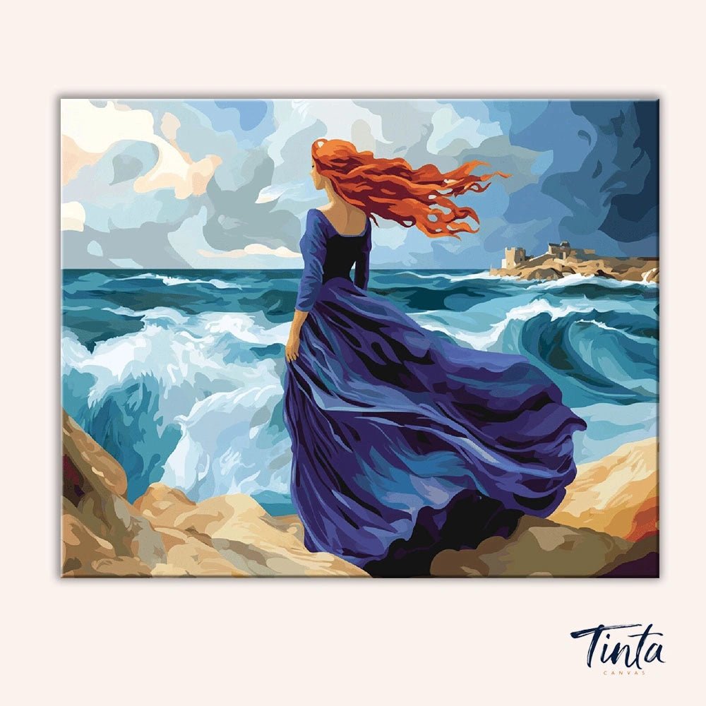 Clean artwork of the Miranda - The Tempest paint by numbers kit featuring a woman in a flowing dress standing by stormy waves by Tinta Canvas