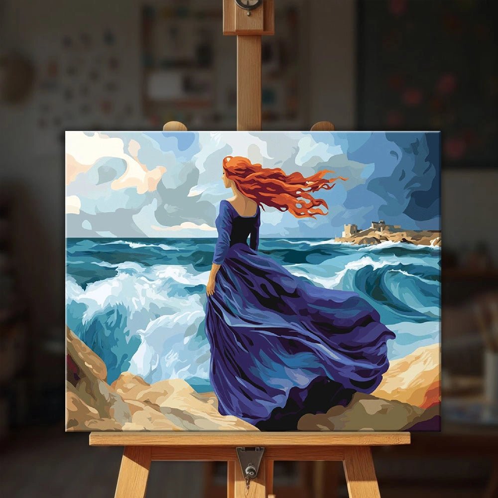 Miranda - The Tempest paint by numbers kit displayed on an easel showing powerful seaside scene with wind and crashing waves by Tinta Canvas