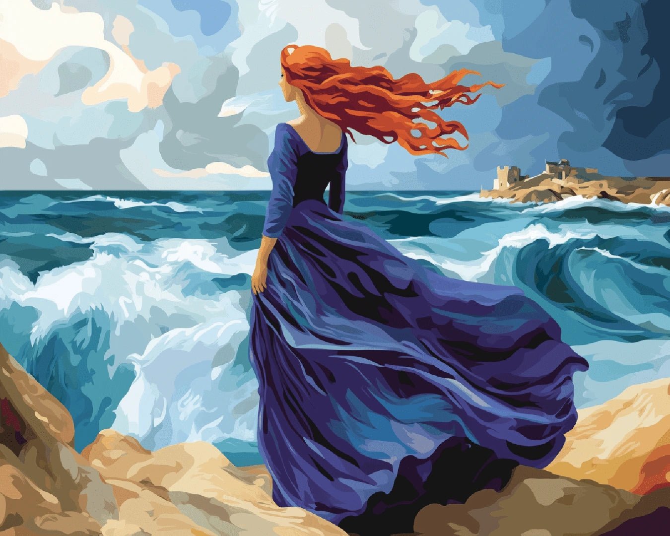 Woman by the sea paint by numbers kit canvas painting showing ocean wind, crashing waves, and a dramatic shoreline