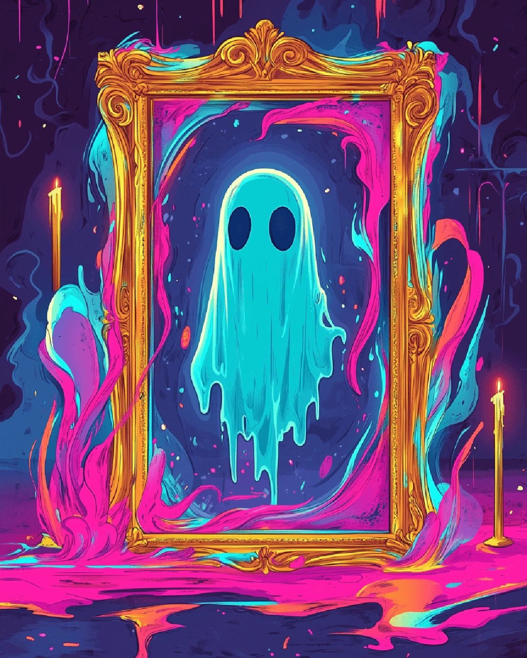 Fantasy paint by numbers kit canvas painting showing a glowing mirror ghost with neon colors and surreal details