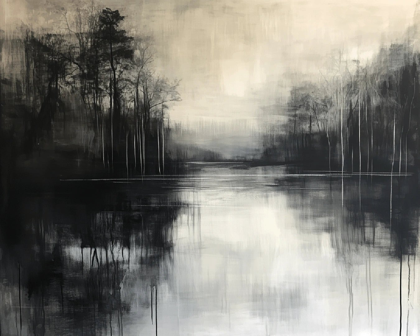 Paint by numbers kit painting for adults showing a minimalist black and white lake painting with fog and trees