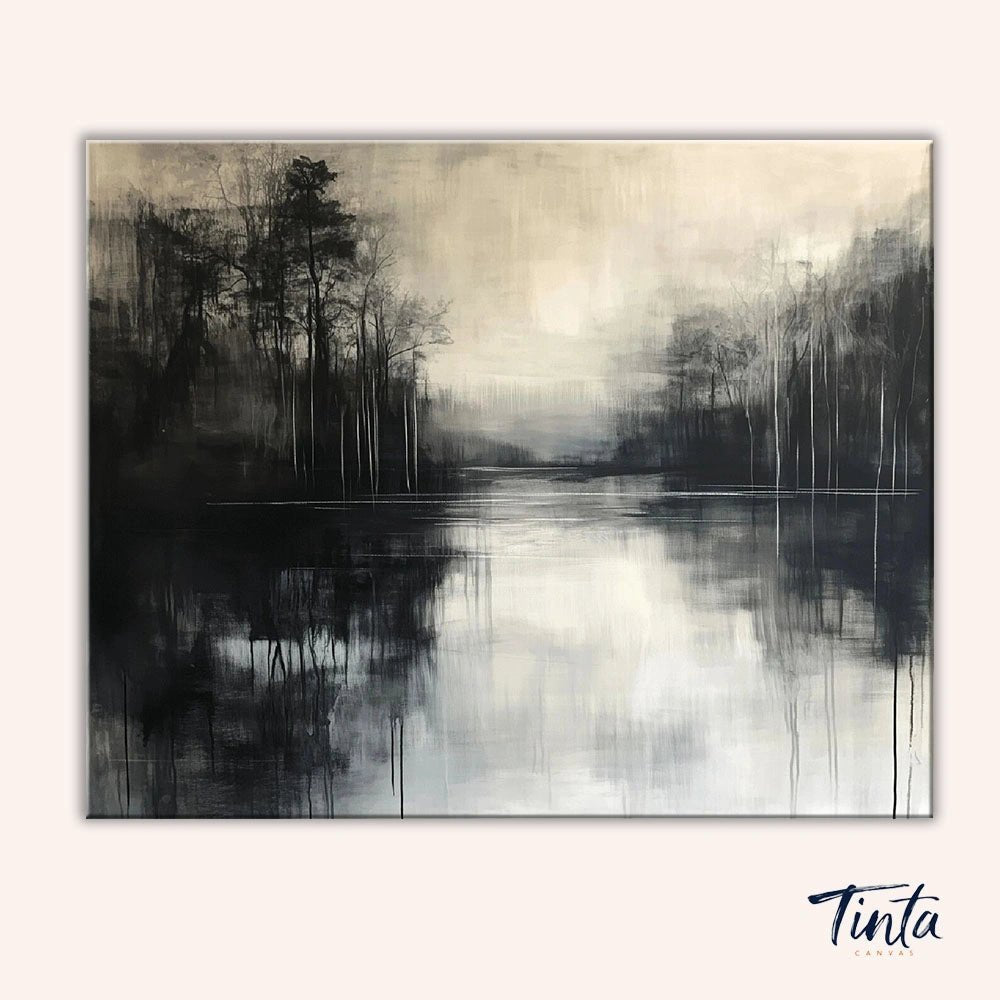 Clean artwork of the Misty Reflection paint by numbers kit featuring a calm lake reflecting trees in a soft foggy landscape by Tinta Canvas