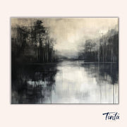Clean artwork of the Misty Reflection paint by numbers kit featuring a calm lake reflecting trees in a soft foggy landscape by Tinta Canvas