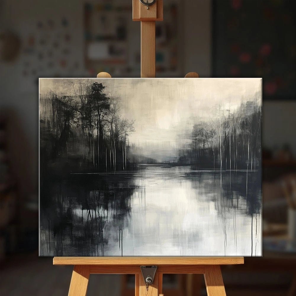 Misty Reflection paint by numbers kit displayed on an easel showing serene forest lake reflection scene in misty tones by Tinta Canvas