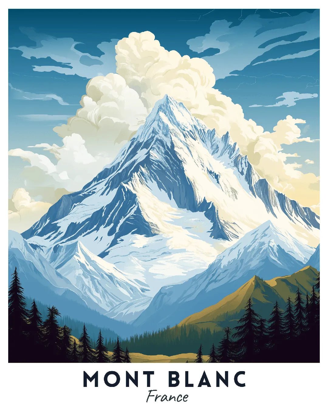 Mont Blanc France Travel Poster Paint by Numbers Kit showing snow-covered mountain summit, alpine landscape, and layered mountain ranges
