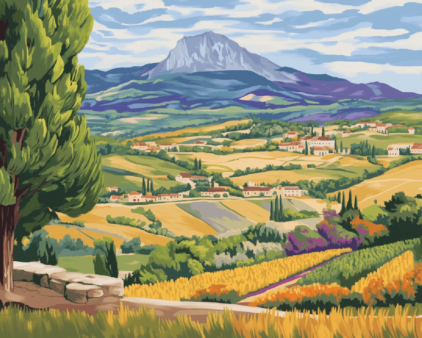 Famous painting paint by numbers kit canvas painting showing Mont Sainte-Victoire with colorful countryside and mountain backdrop