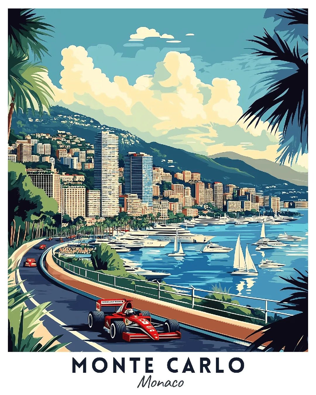 Monte Carlo Monaco Travel Poster Paint by Numbers Kit showing Riviera harbor, hillside cityscape, sailboats, and iconic race circuit