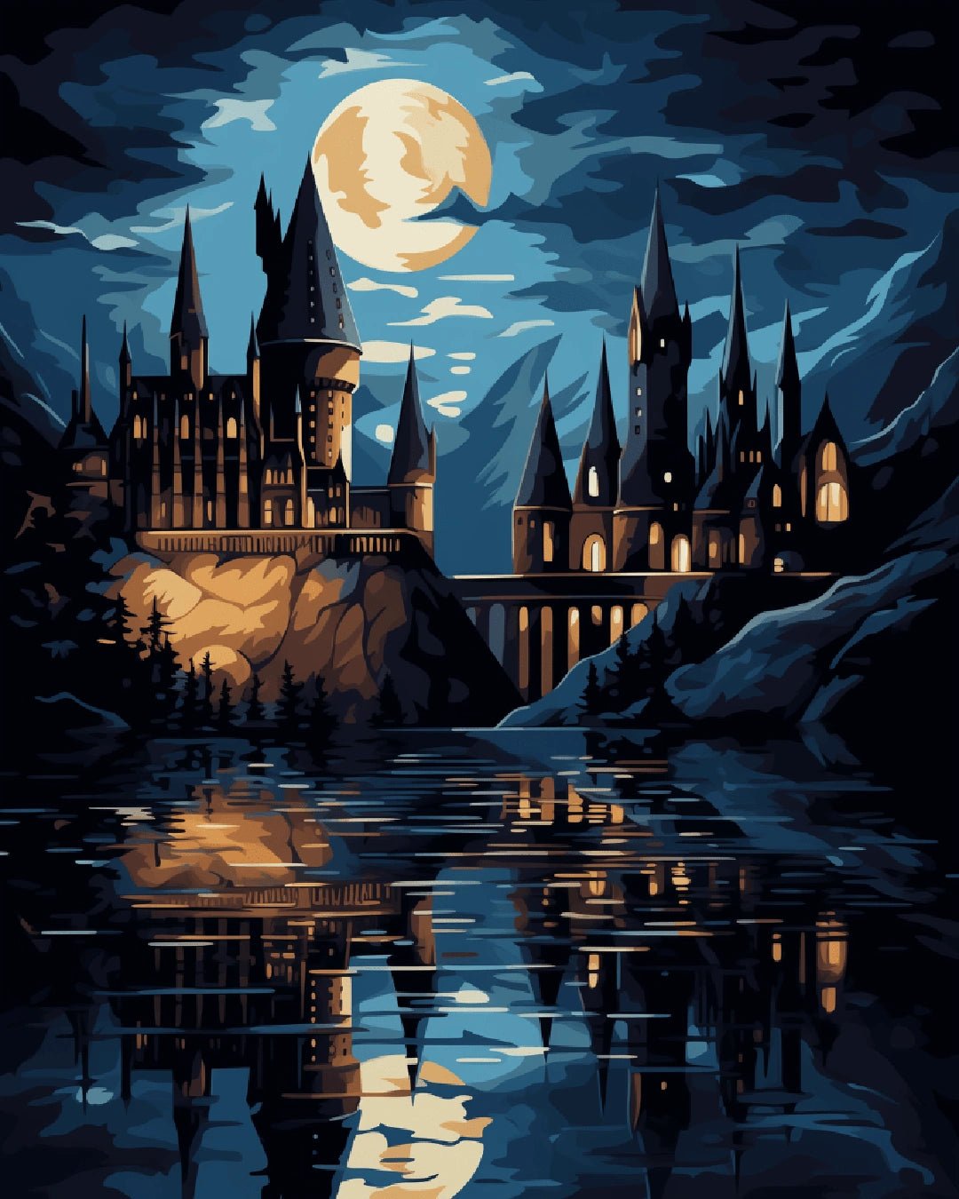 Paint by numbers kit painting for adults featuring a fantasy castle painting under a full moon at night