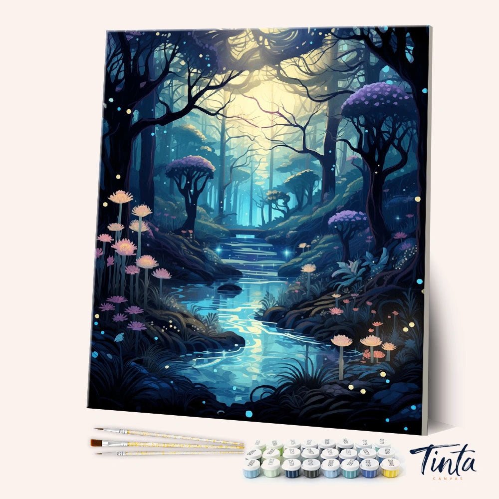 Moonlit Forest Stream paint by numbers kit showing a glowing stream flowing through a mystical forest under moonlight by Tinta Canvas