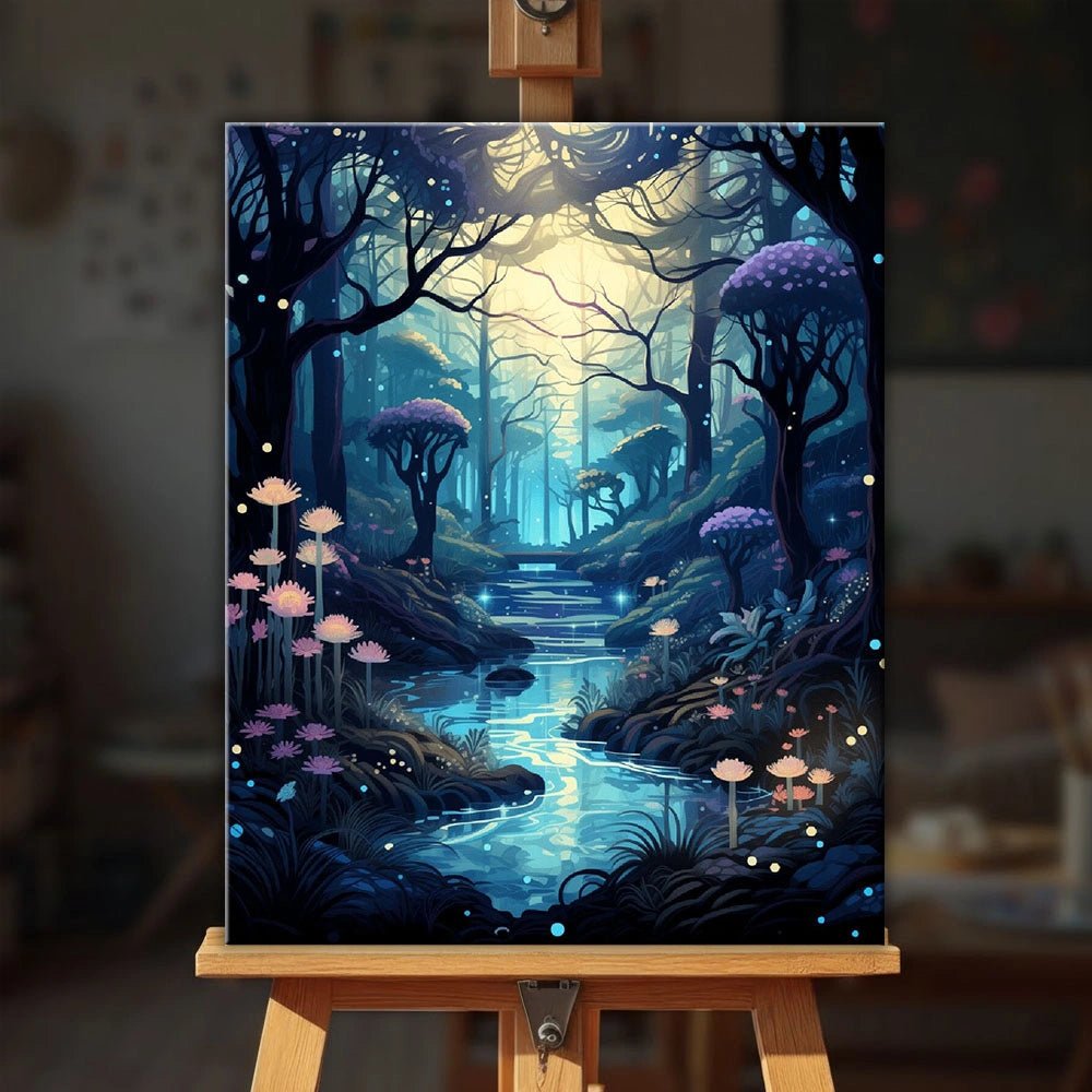 Moonlit Forest Stream paint by numbers kit displayed on an easel showing a magical forest stream illuminated by moonlight by Tinta Canvas