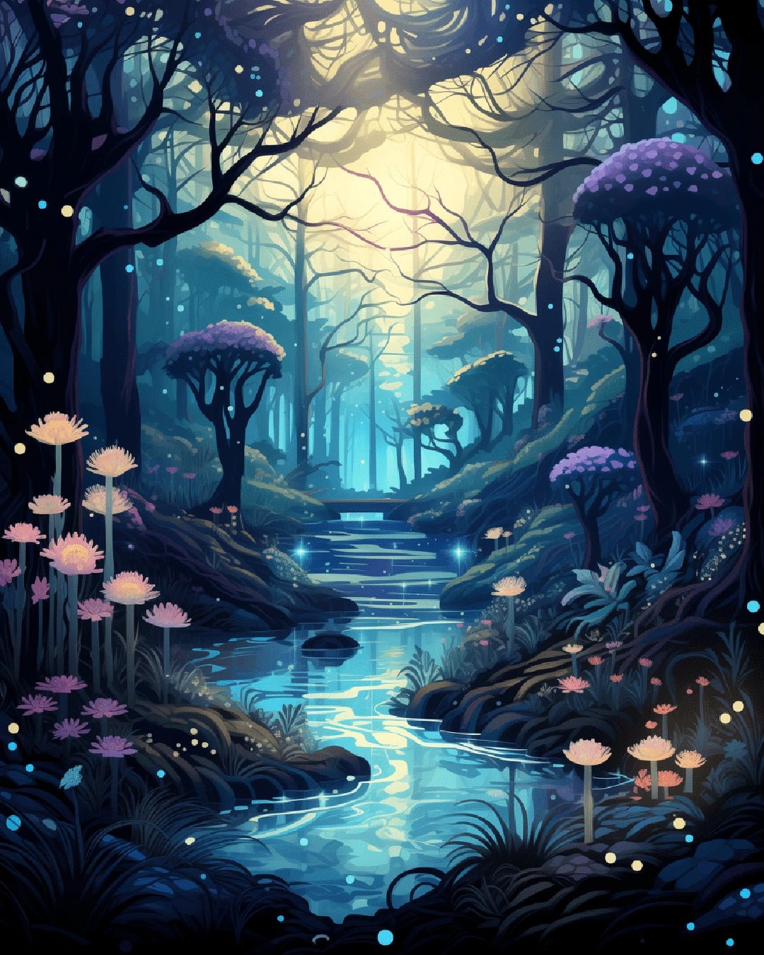 Moonlit Forest Stream paint by numbers kit landscape showing a winding stream with glowing flowers in a moonlit forest by Tinta Canvas
