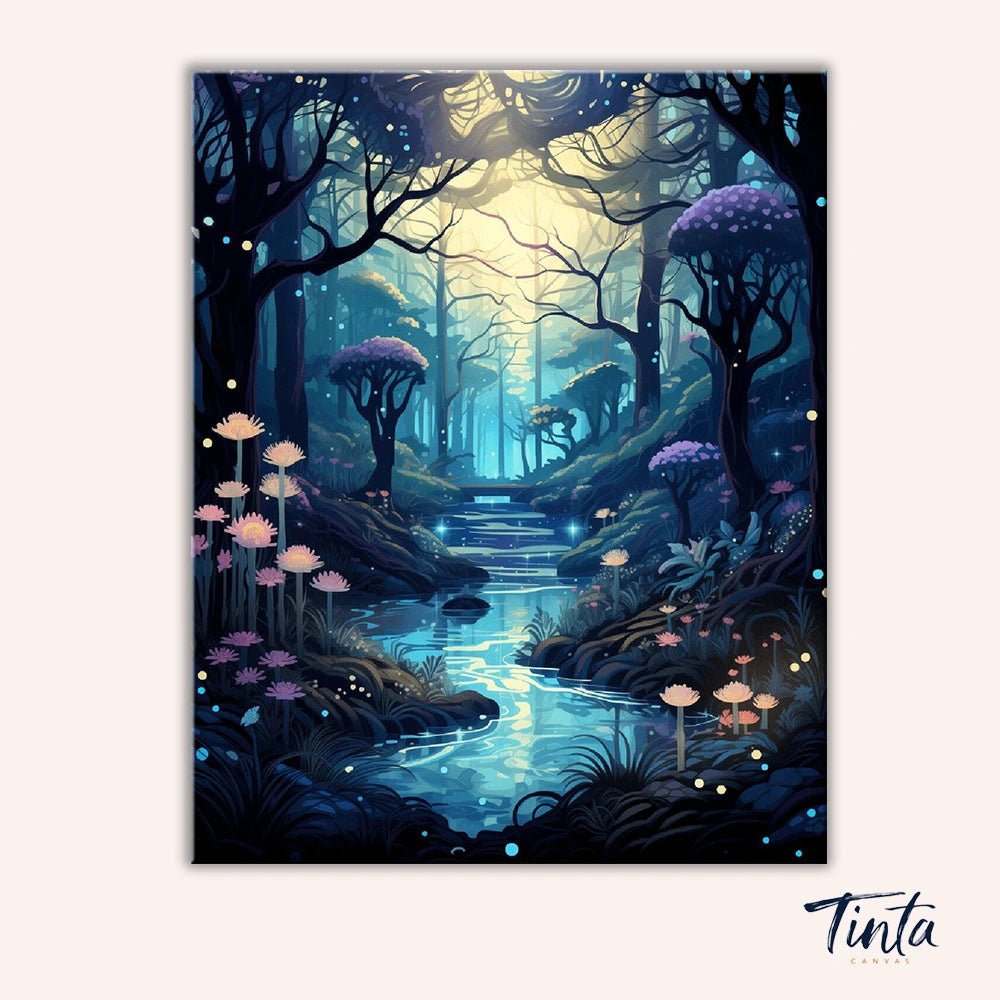 Moonlit Forest Stream paint by numbers kit artwork featuring a luminous forest with a gentle stream and glowing plants by Tinta Canvas