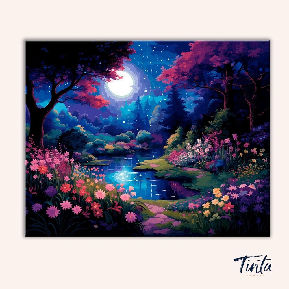 Clean artwork of the Moonlit Garden Stream paint by numbers kit featuring glowing moonlight over a colorful garden and stream by Tinta Canvas