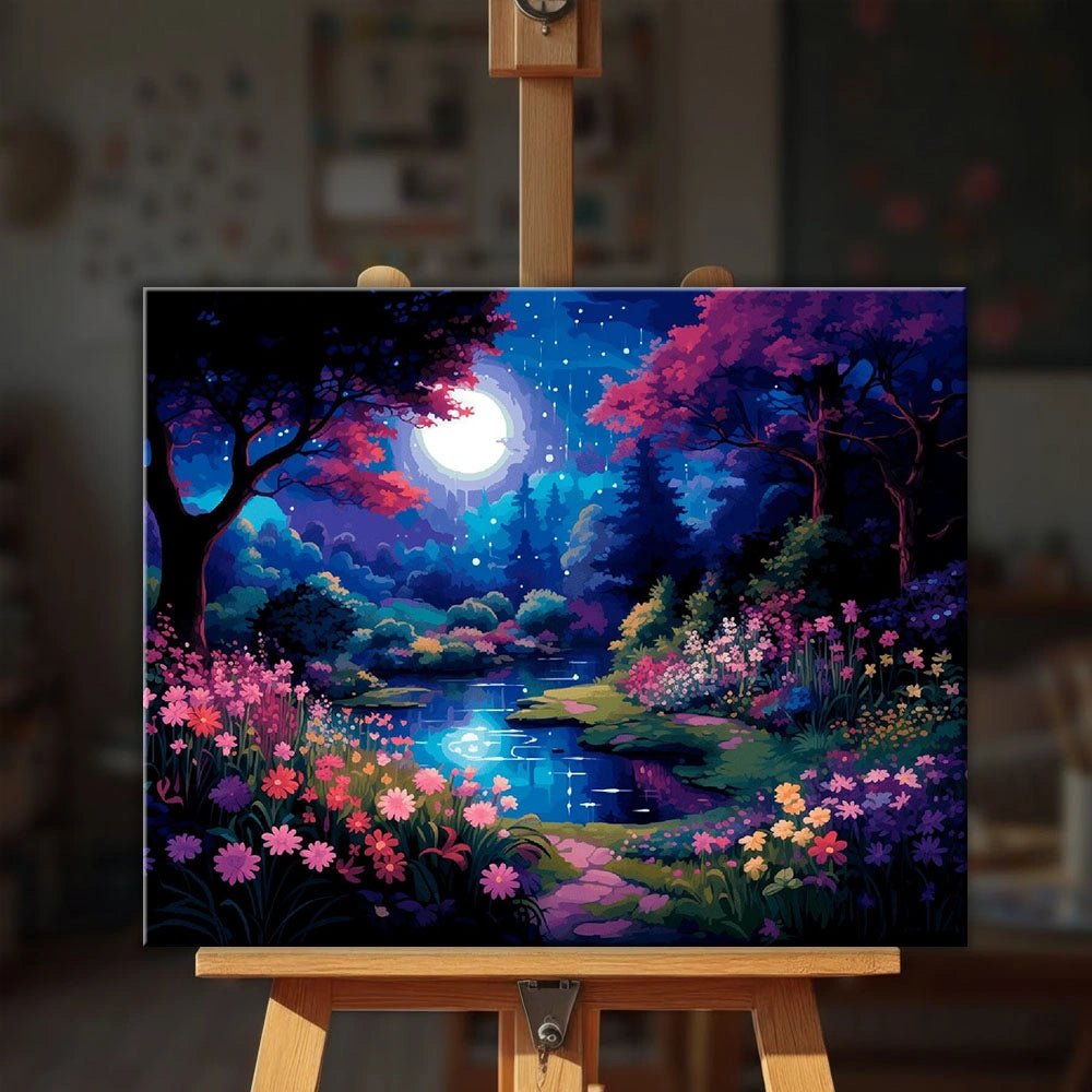 Moonlit Garden Stream paint by numbers kit displayed on an easel showing vibrant night garden with flowers and reflective stream by Tinta Canvas