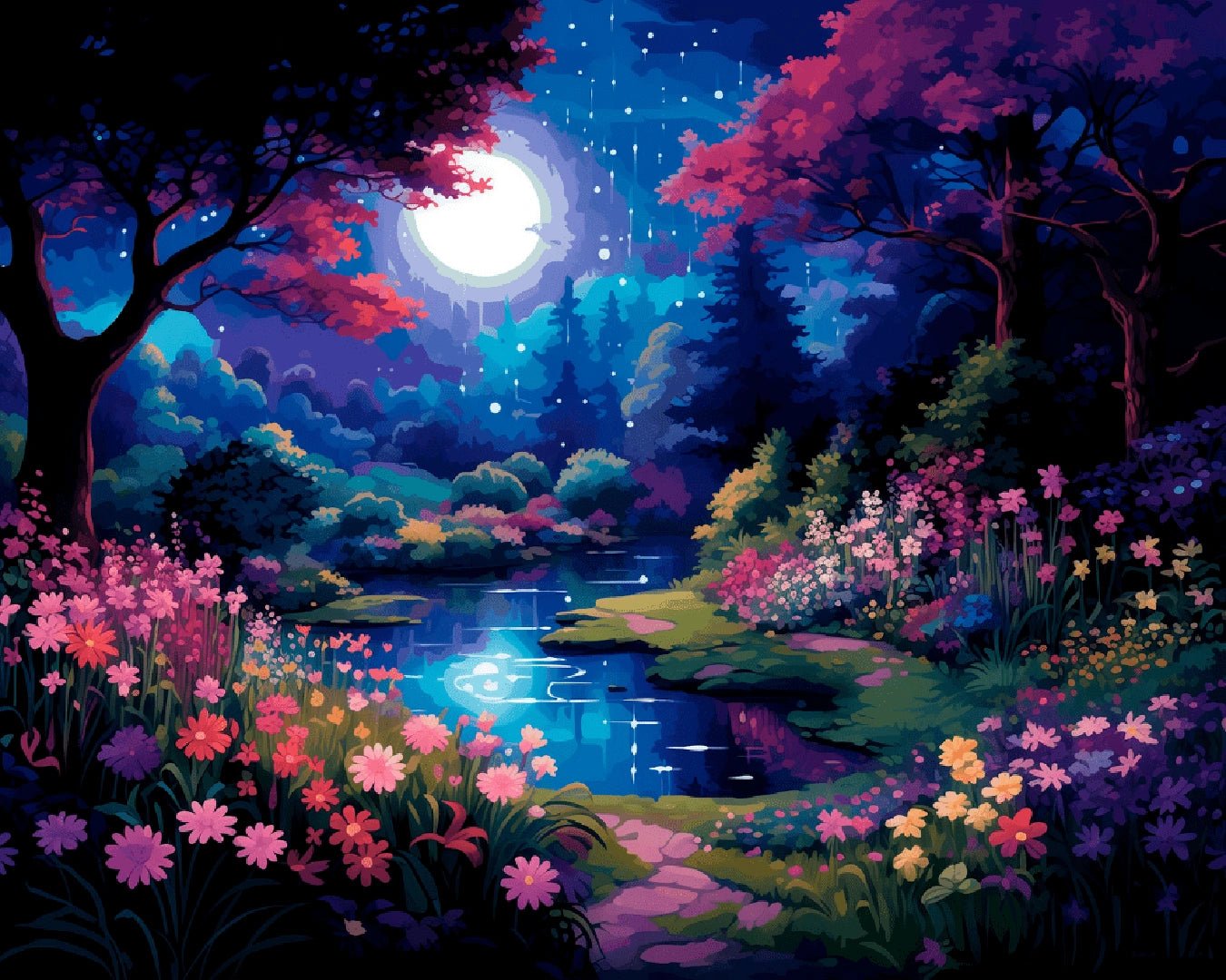 Raw landscape artwork from the Moonlit Garden Stream paint by numbers kit showing a moonlit garden path beside a peaceful stream by Tinta Canvas