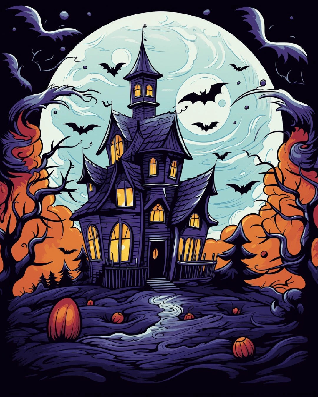 Moonlit Manor paint by numbers canvas showing a spooky house at night with glowing windows, bats flying, pumpkins, and moonlight