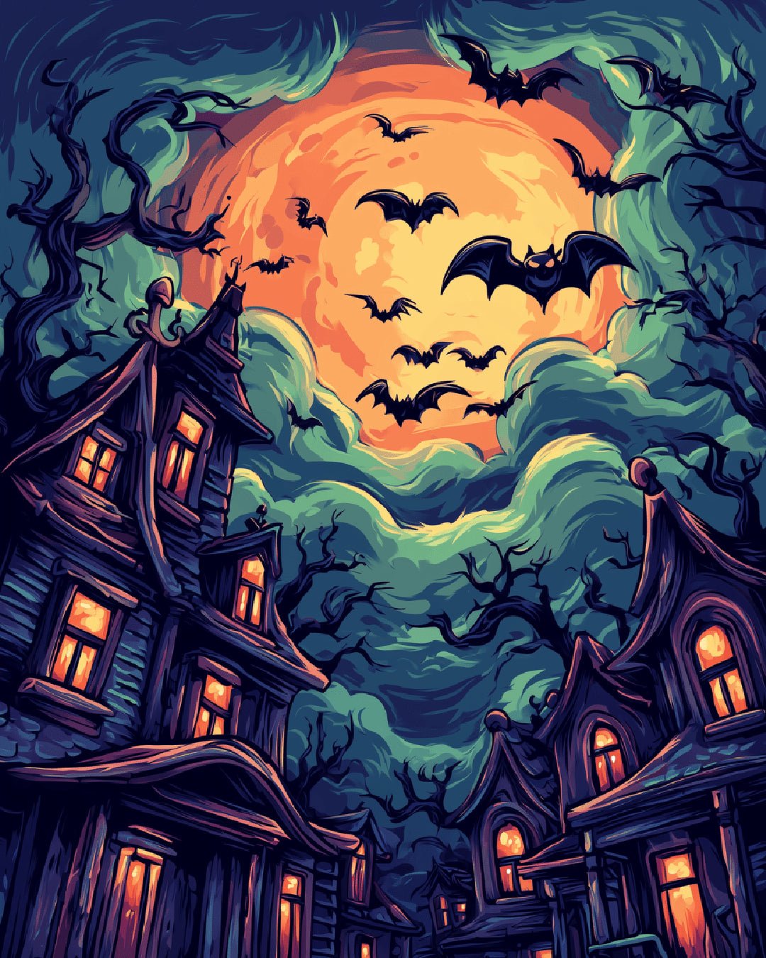 Moonlit Mischief paint by numbers kit artwork featuring bats, glowing windows, and a swirling moonlit sky