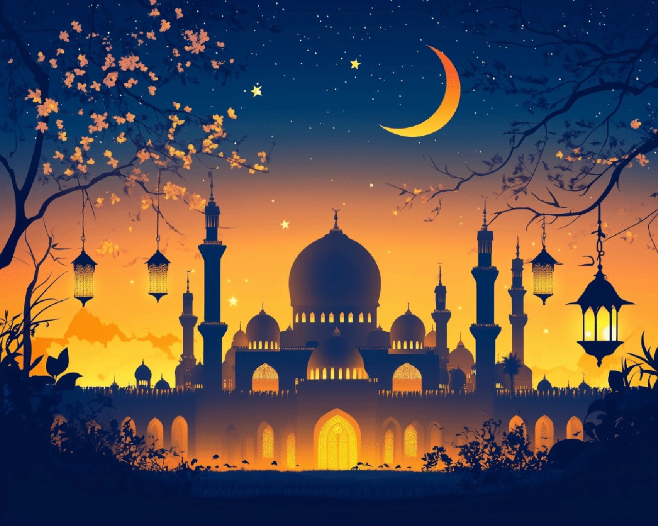 Paint by numbers kit painting for adults showing a peaceful nighttime mosque painting with stars and warm light